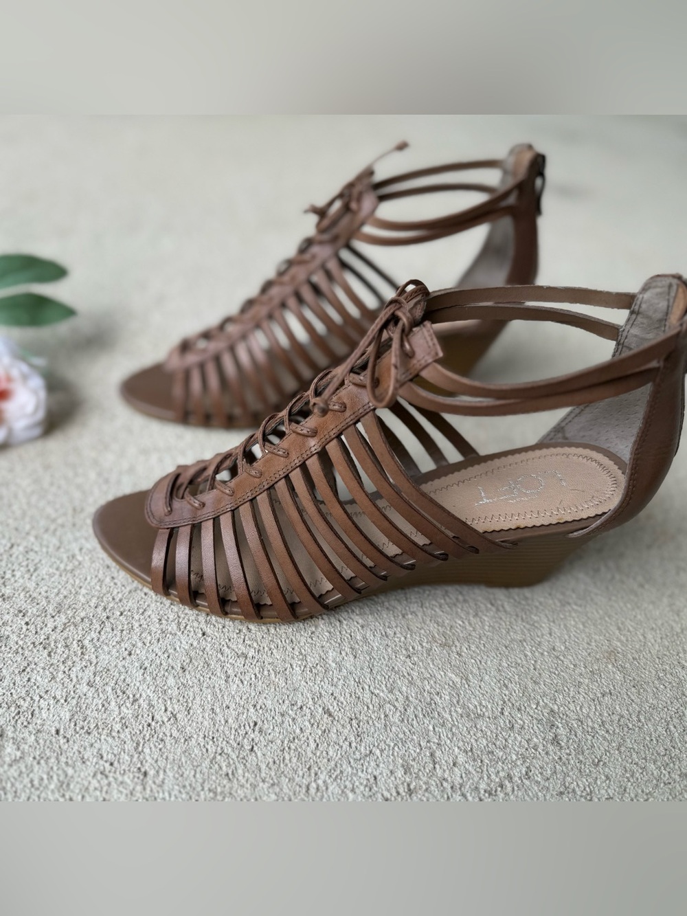 LOFT Leather Gladiator Lace-Up Wedge Sandals Brown Size 8.5 EUC